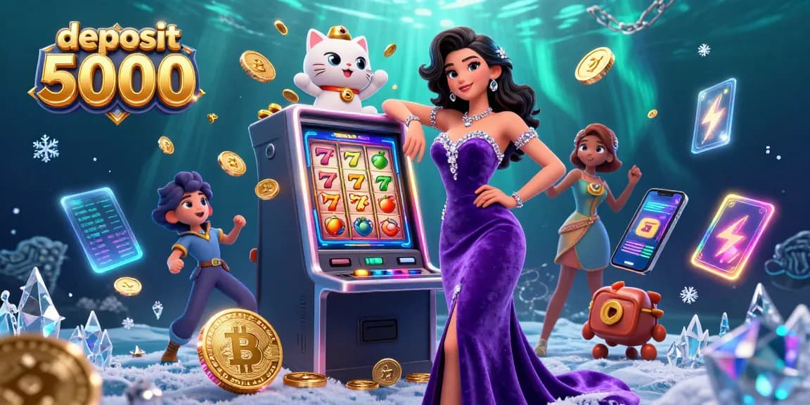 Win big with deposit 5000 at this vibrant online casino, showcasing a glamorous slot machine and fortune cat.