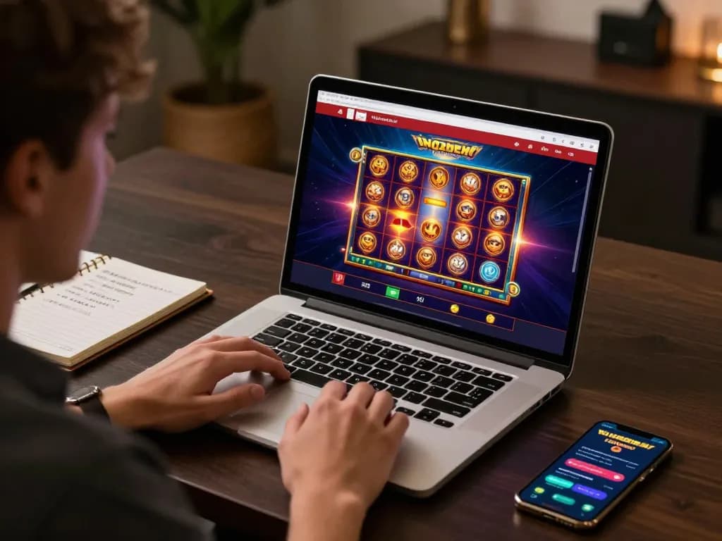 Engage with exciting games at https://ww88b.com/ displaying vibrant slot graphics on a laptop.