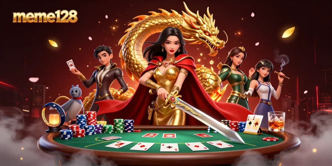 Experience the excitement of meme128 with a warrior queen at a vibrant poker scene.