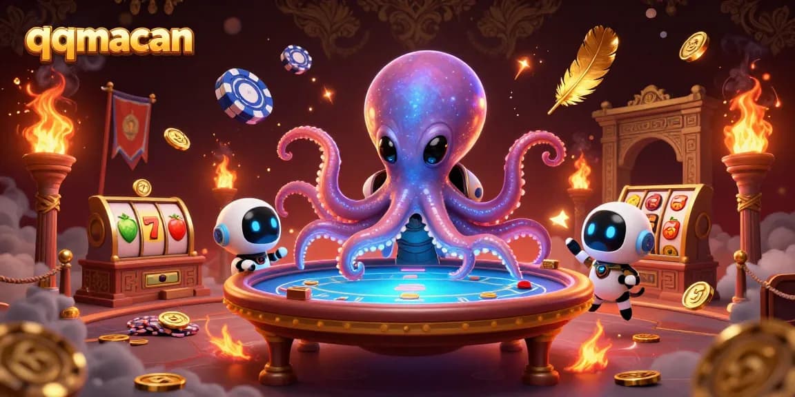 Mainkan slot di qqmacan dengan alien gurita dan robot dalam suasana kasino luar angkasa yang meriah.
