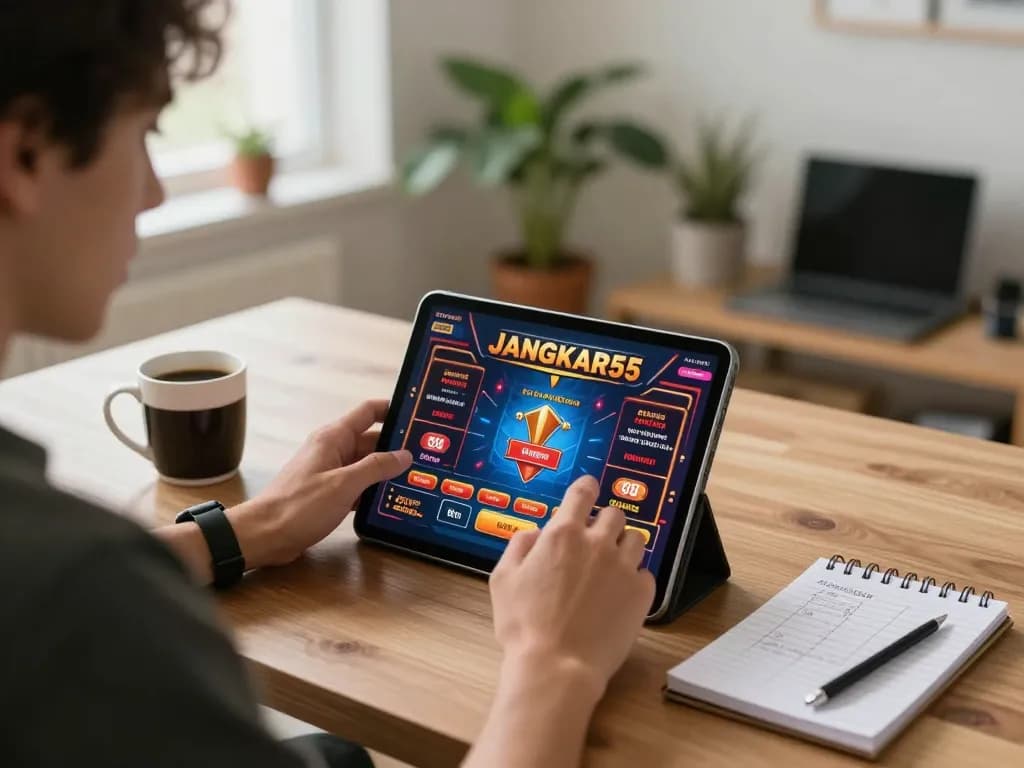 Player immersed in JANGKAR55 casino games on tablet, highlighting dynamic online gambling strategy.