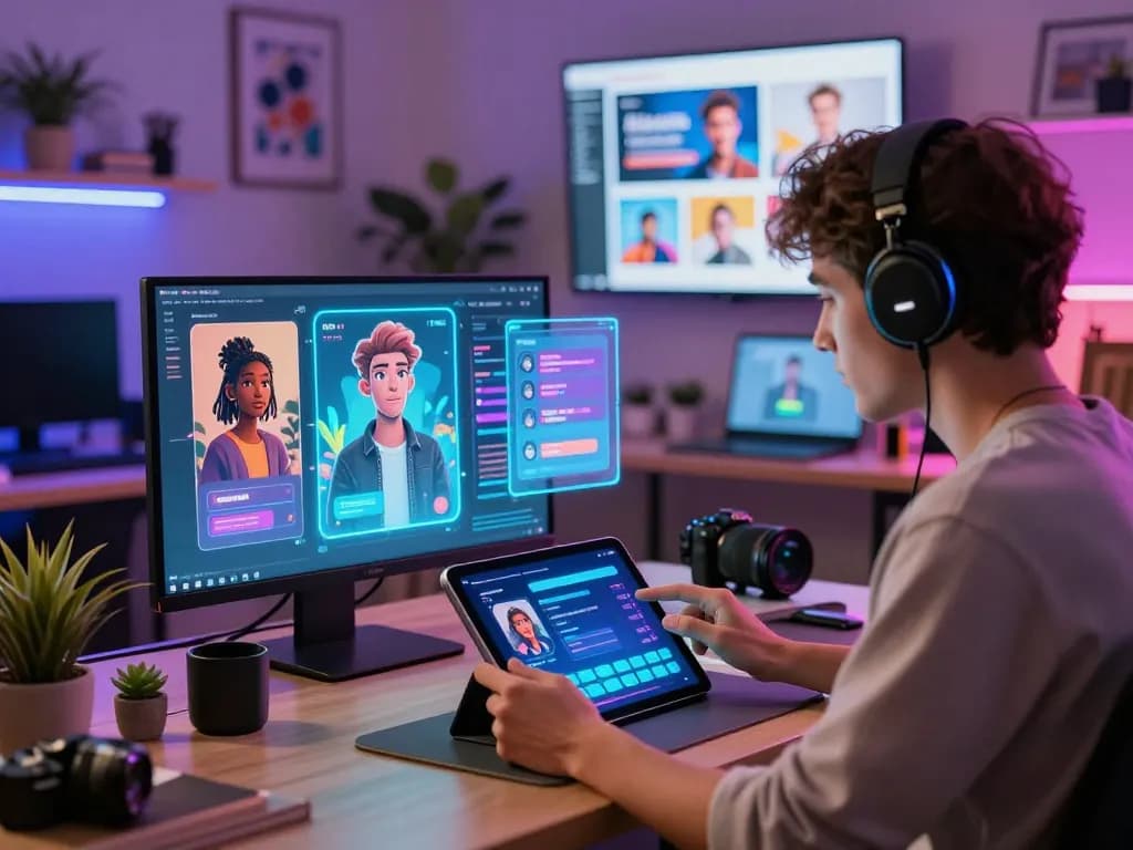 Exciting crushon ia interaction scene with user engaging AI characters in a dynamic workspace.