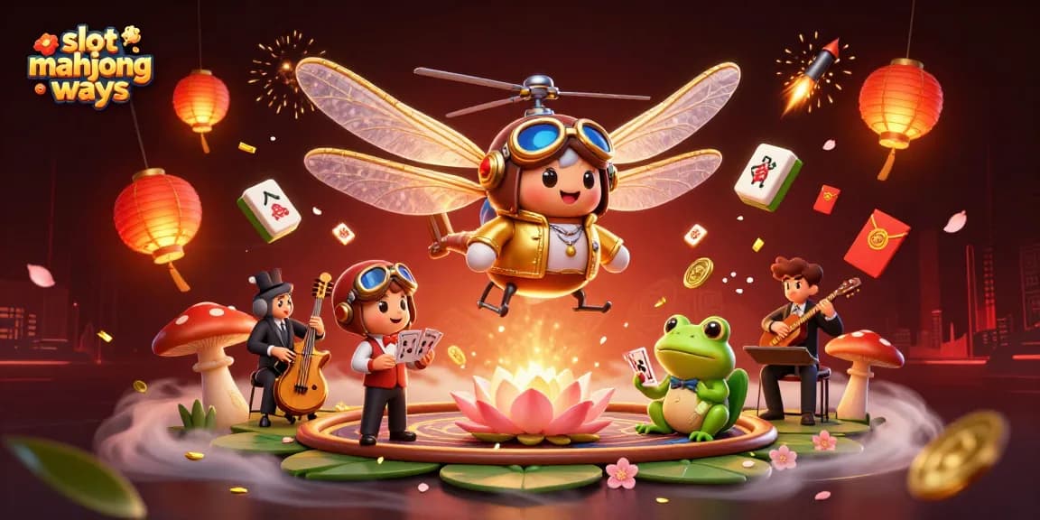 Play slot mahjong ways at a vibrant lily pad casino featuring animated characters and festive decorations.