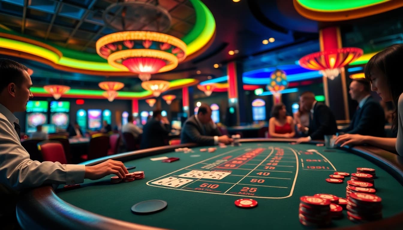 Beraksi dengan yumetoto di meja blackjack yang penuh warna dan atmosfer kasino yang meriah.