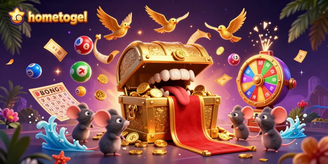Experience the dynamic world of hometogel with colorful lottery balls and thrilling game elements in an engaging 3D illustration.