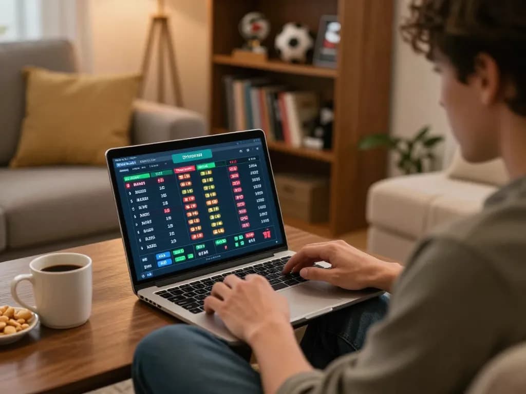 Engaging in sports betting on a laptop at home, showcasing trang cá độ bóng đá with live odds.