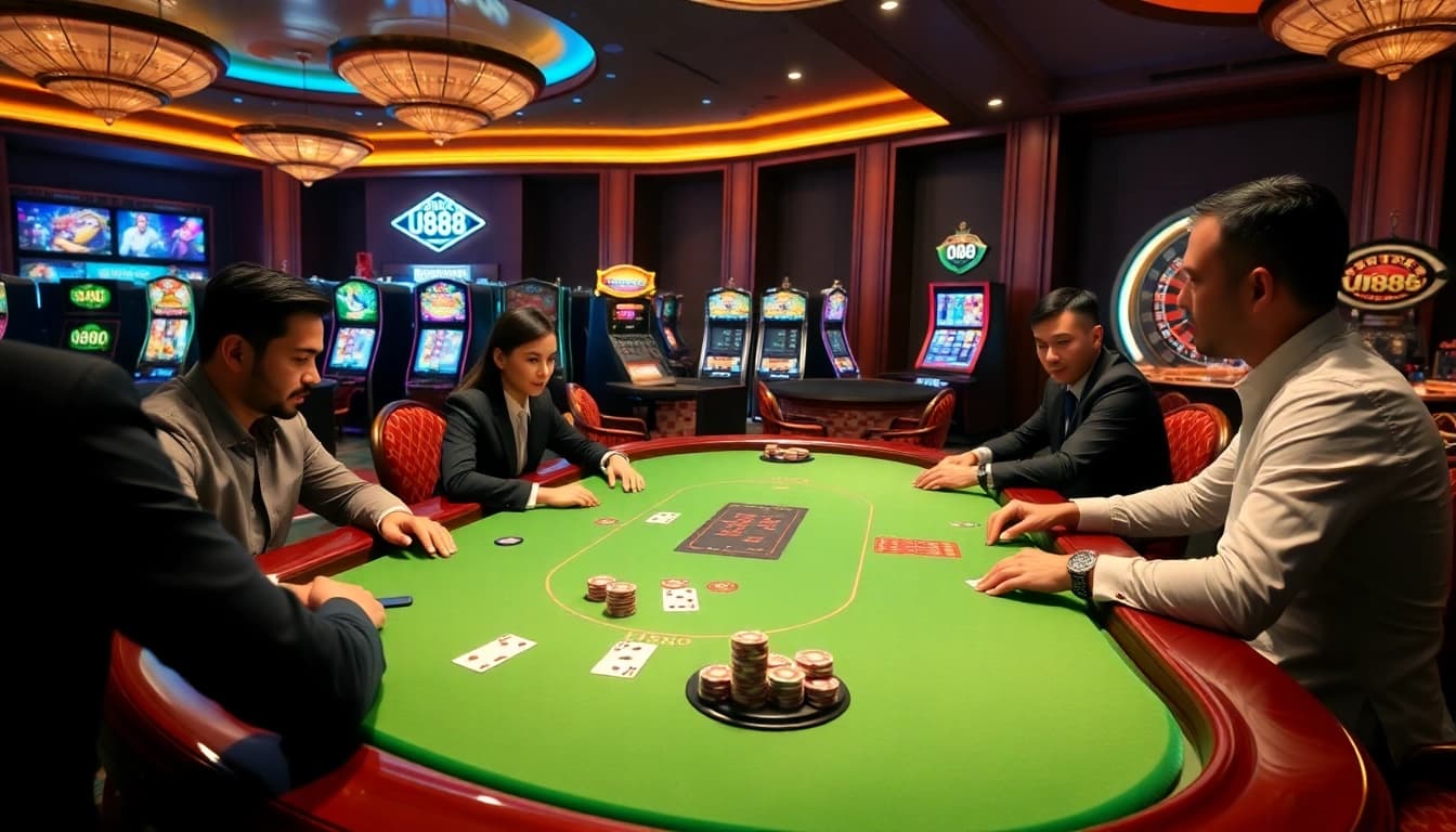 Players enjoying a U88-themed poker game at a luxury casino table.