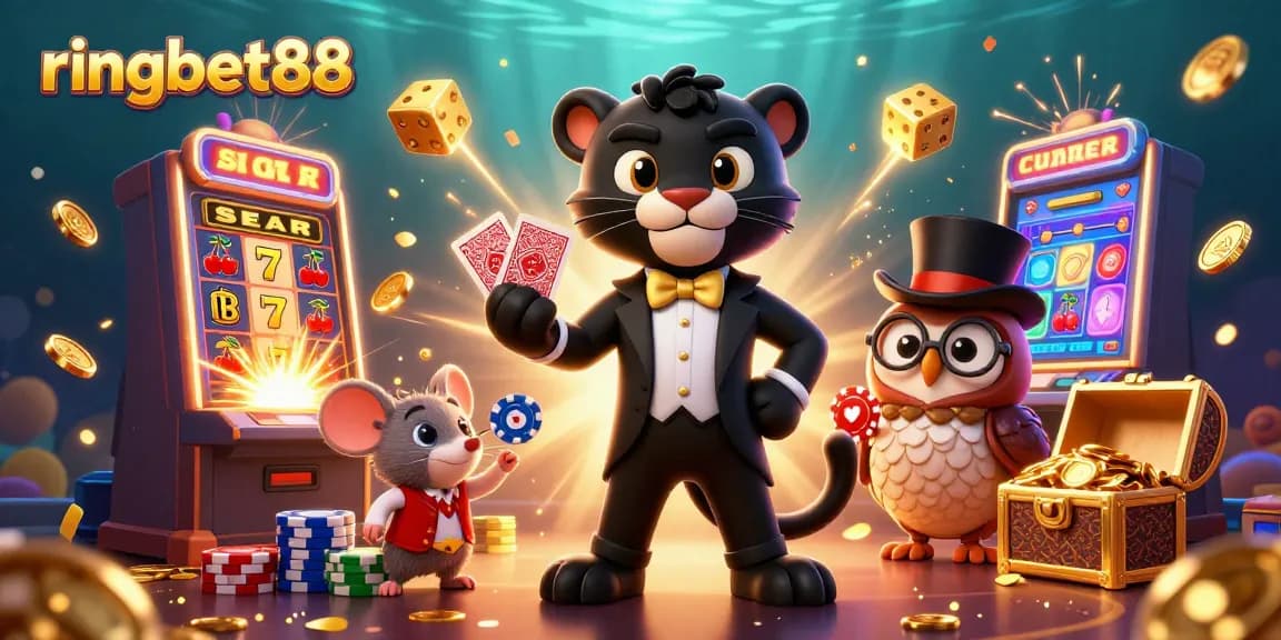 Experience thrilling gameplay at ringbet88 with an elegant cartoon scene full of vibrant casino elements.