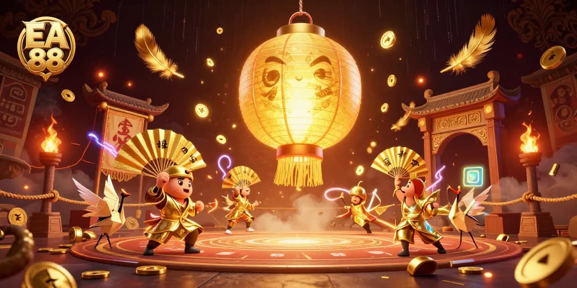 Experience thrilling EA 88 gaming action with golden lantern spirit and dynamic casino elements artfully illuminated.
