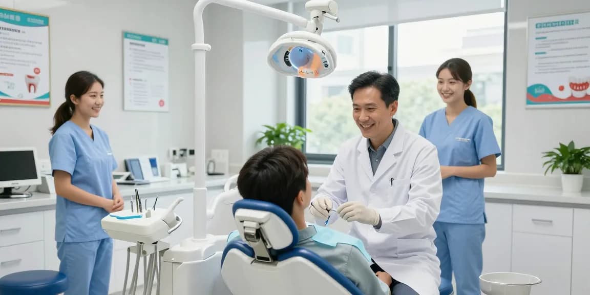 Visit a dentist in a welcoming, modern dental clinic with smiling staff.