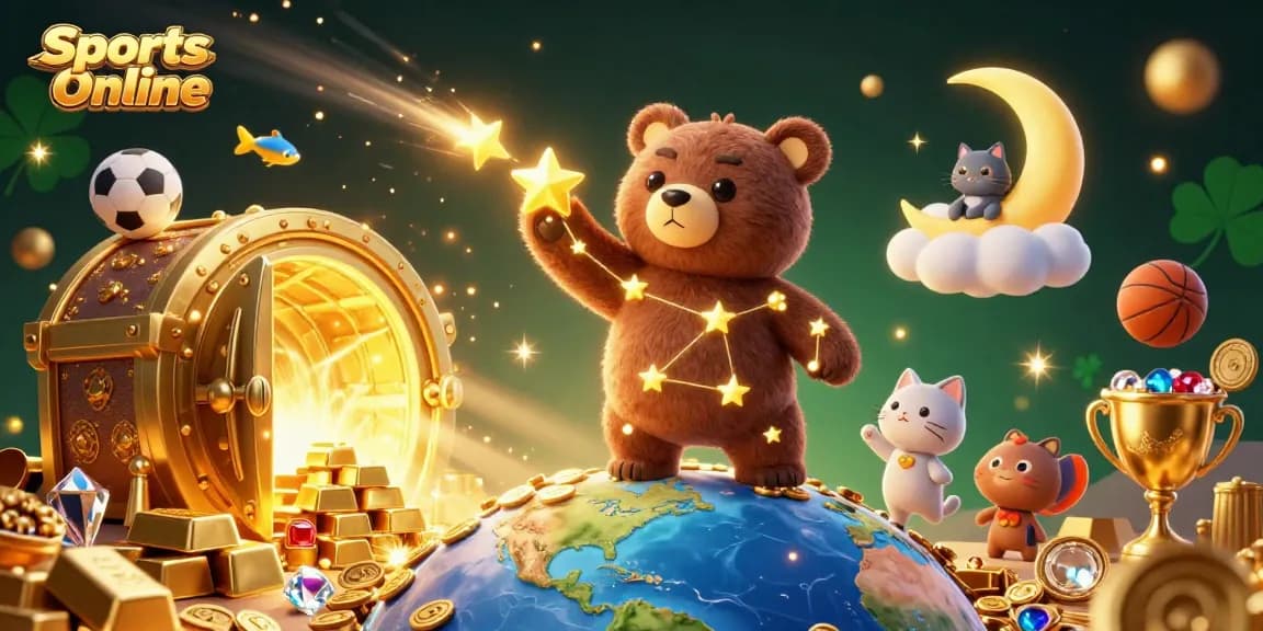Scoop coins and sports trophies with our captivating Sports Online illustration showcasing a cosmic bear.
