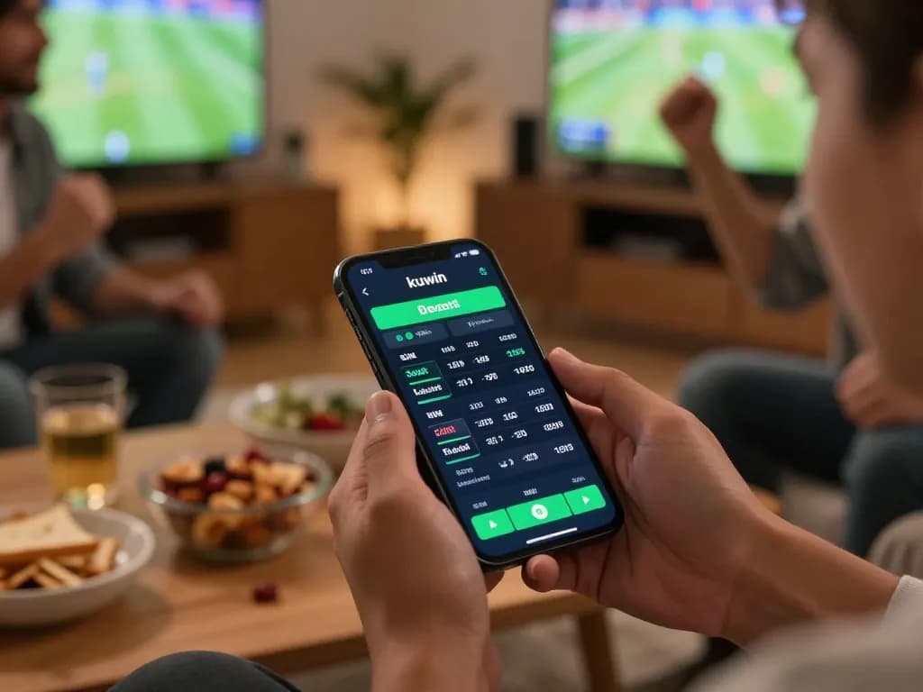 Kuwin app displayed on a smartphone during an engaging sports betting session at home with friends.