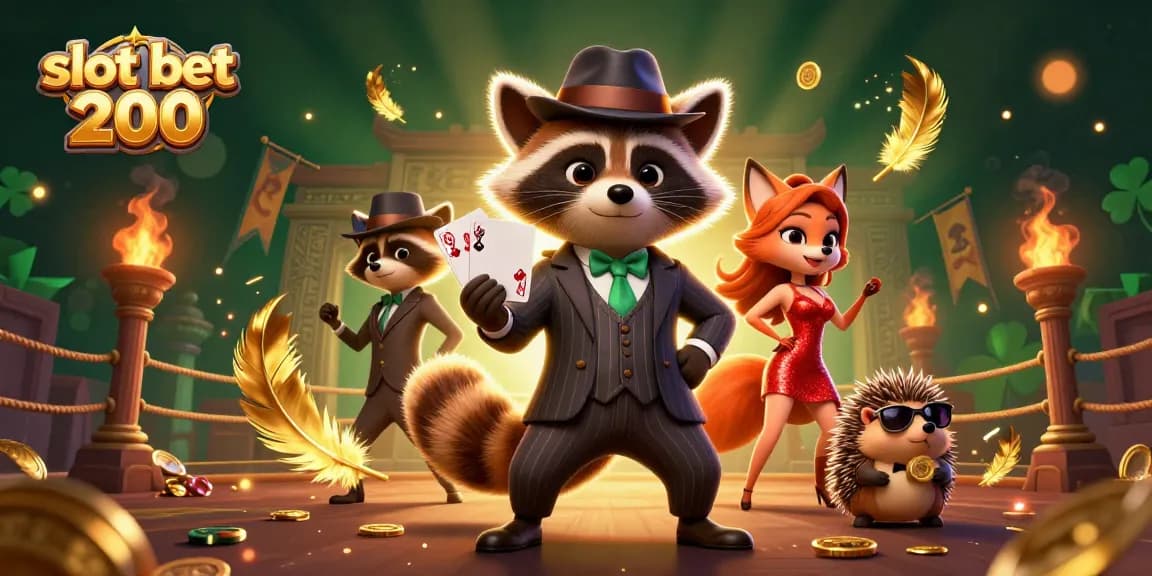 Menangkan slot bet 200 dengan ilustrasi 3D bertema kasino, menampilkan karakter imut dan elemen permainan.