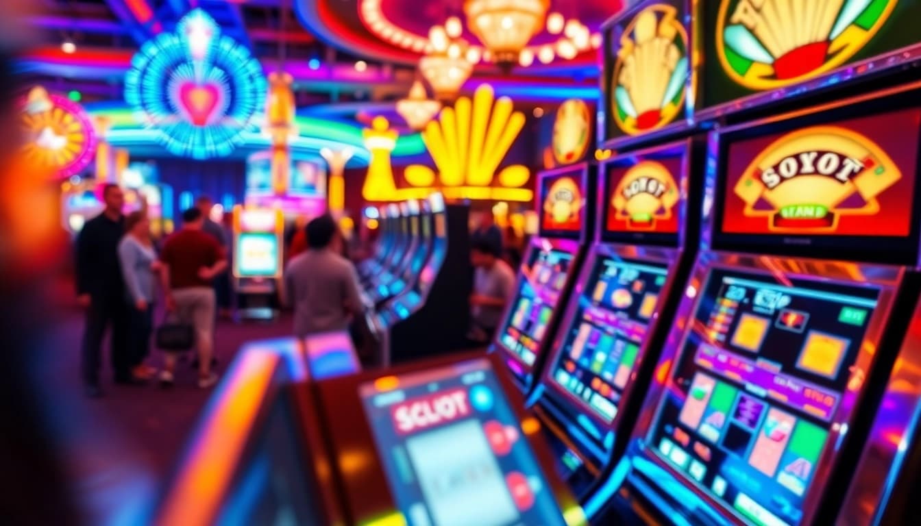 Putaran slot menggiurkan di mesin kasino dengan cahaya berkilauan dan kegembiraan pemain.