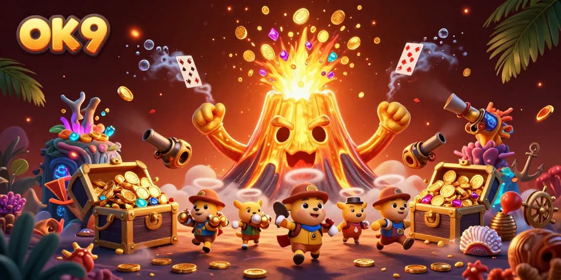 Experience excitement with OK 9 in this dynamic treasure-filled digital illustration of online gambling.