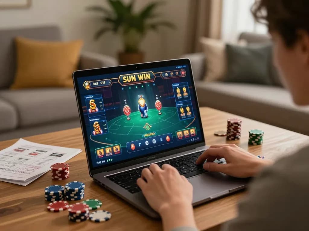 Trải nghiệm chơi game hấp dẫn của Sun win trên laptop trong một không gian nhà ấm cúng, thể hiện việc chơi game có trách nhiệm.