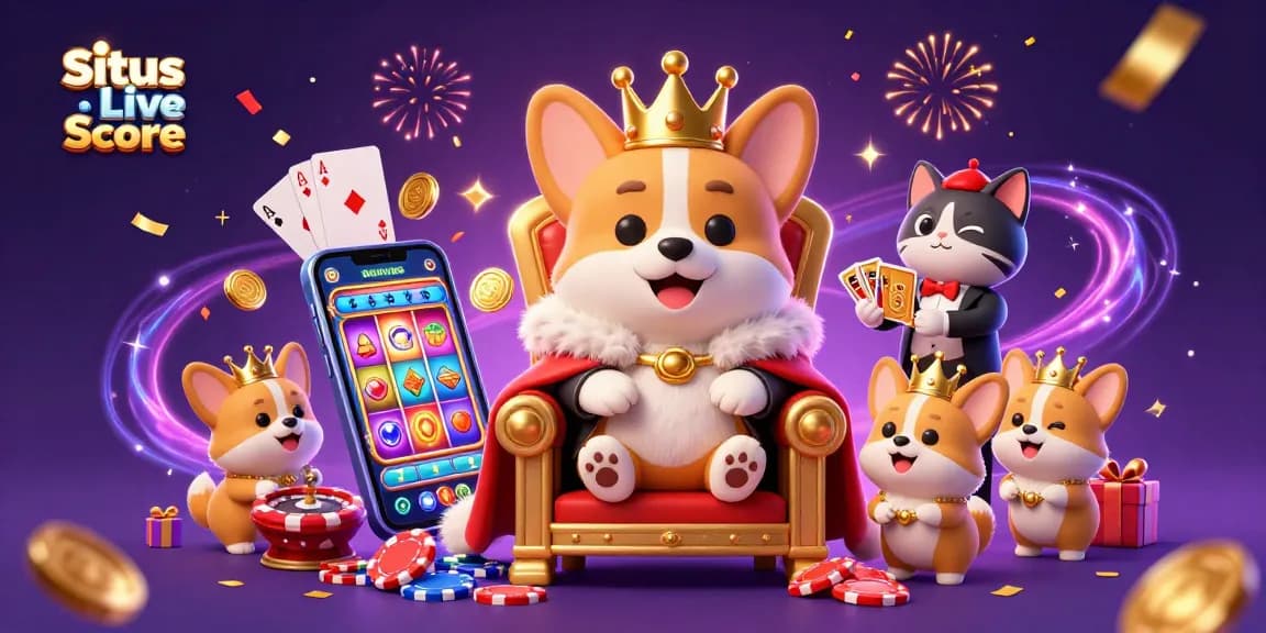 Experience the excitement of Situs Live Score with a royal corgi throne, golden card deck, and vibrant gambling elements.
