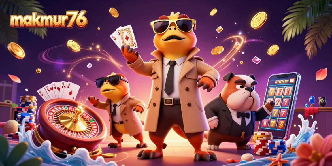 Experience the excitement at makmur76 with colorful casino elements and playful raptors.