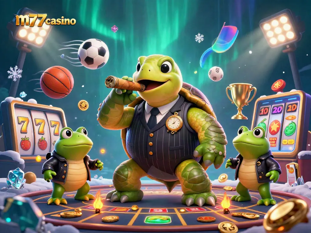 M77casino merayakan kemenangan di kasino dengan kura-kura besar dan pengawal katak yang heroik.