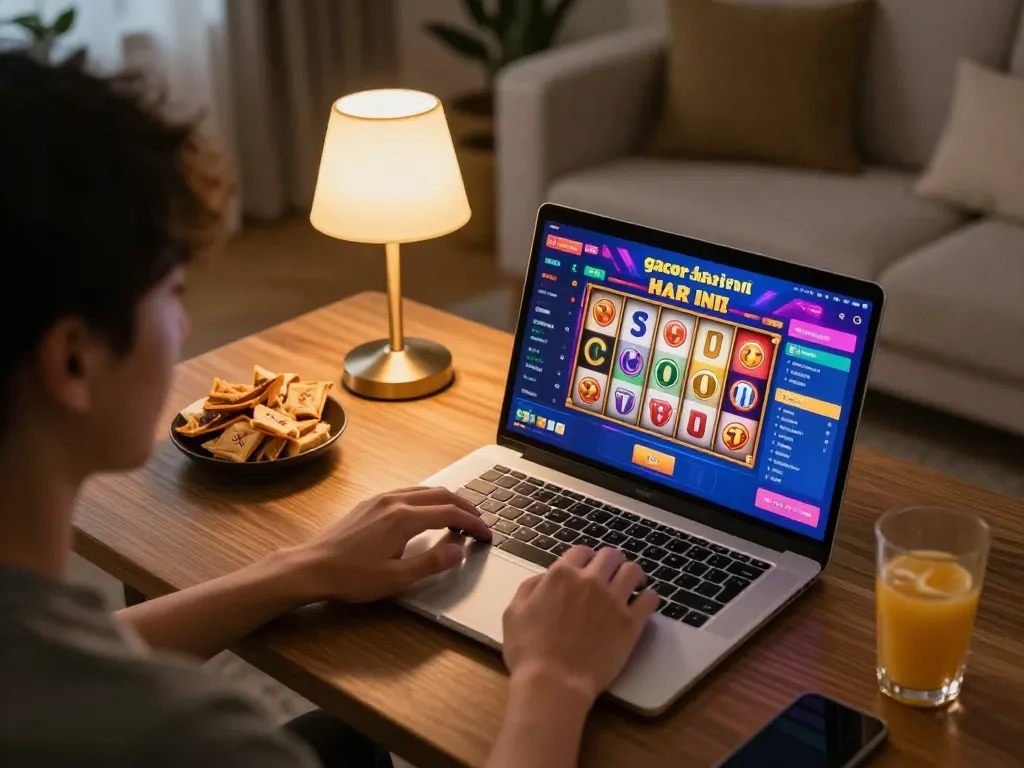 Engaging gameplay on slot gacor hari ini app showcased with vibrant visuals and cozy home setting