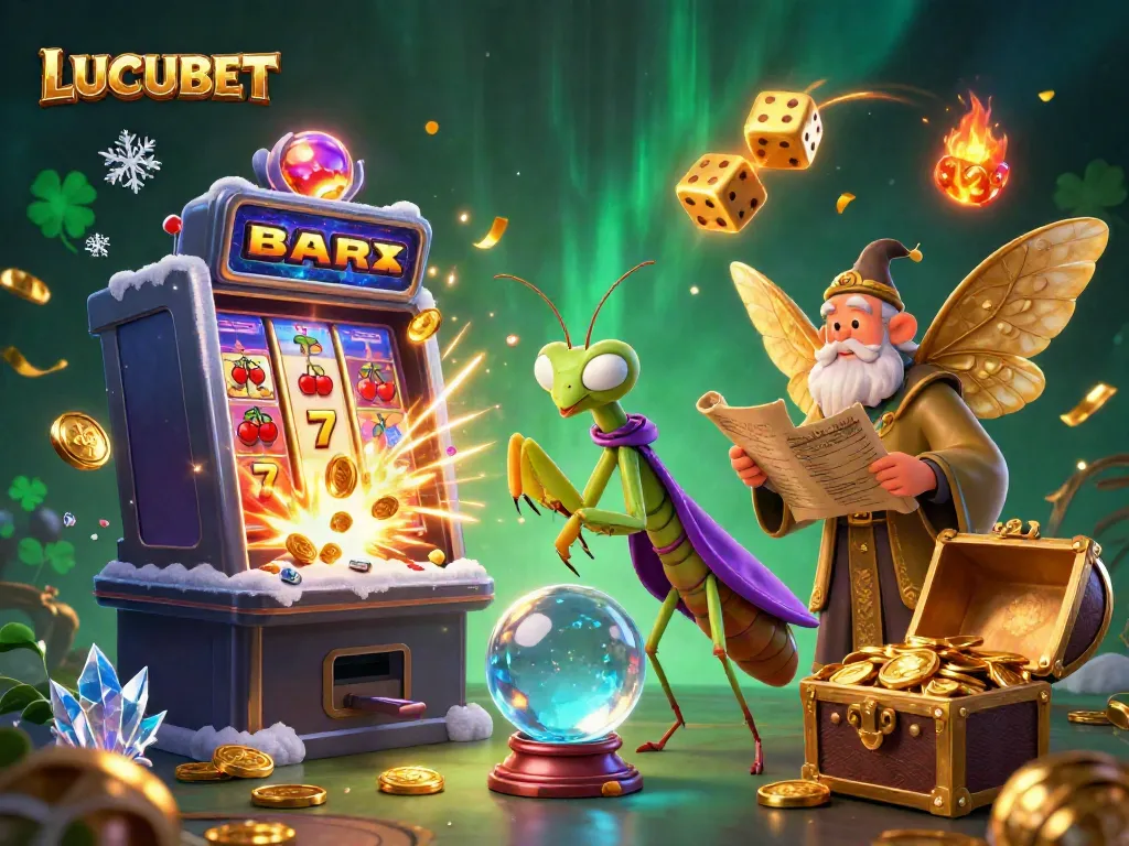 LUCUBET brings to life a magical casino scene with characters and slot machines in a vibrant 3D illustration.