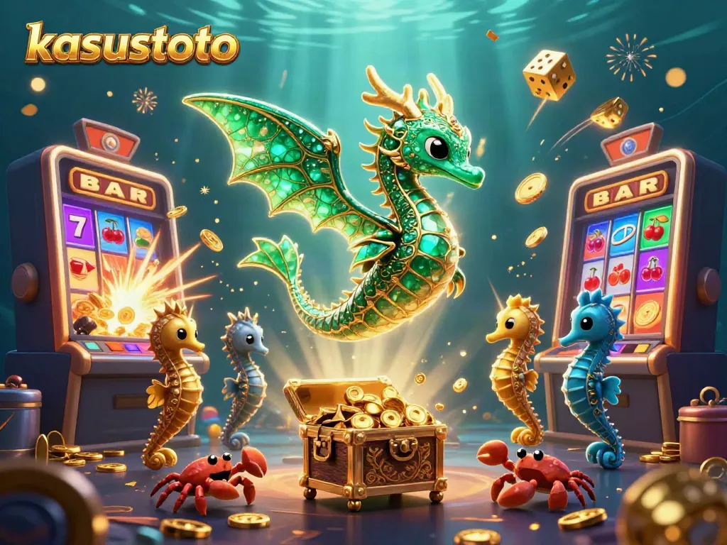 Ilustrasi 3D kasustoto menampilkan naga laut dan fitur permainan slot yang kaya warna.