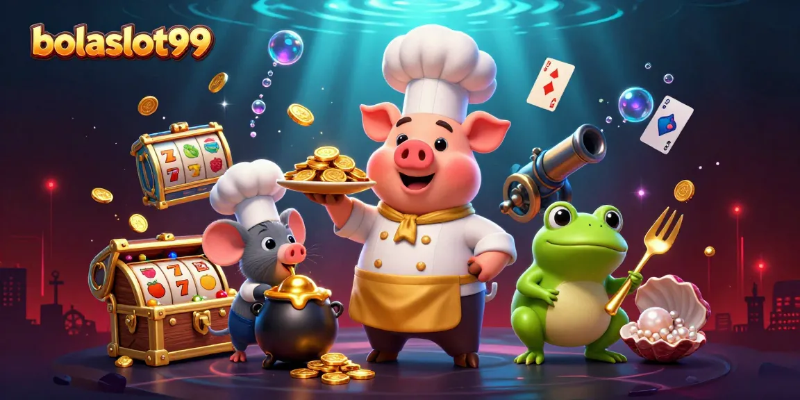 Engage with bolaslot99 as a chef pig serves gold coins amidst lively slot game elements.