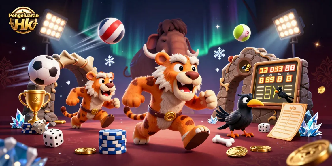 Engaging illustration of Pengeluaran Hk with a dynamic prehistoric casino scene featuring 3D characters.