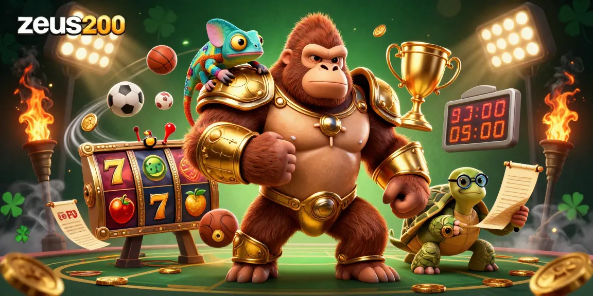 Gorila raja zeus200 yang kuat merayakan kemenangan di kasino bersama teman-temannya.
