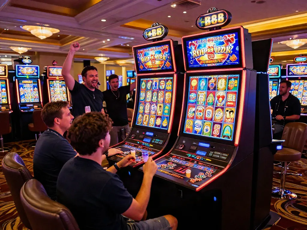 Diverse players enjoying the vibrant slot88 machine in a lively casino atmosphere with colorful reels and joyful excitement.