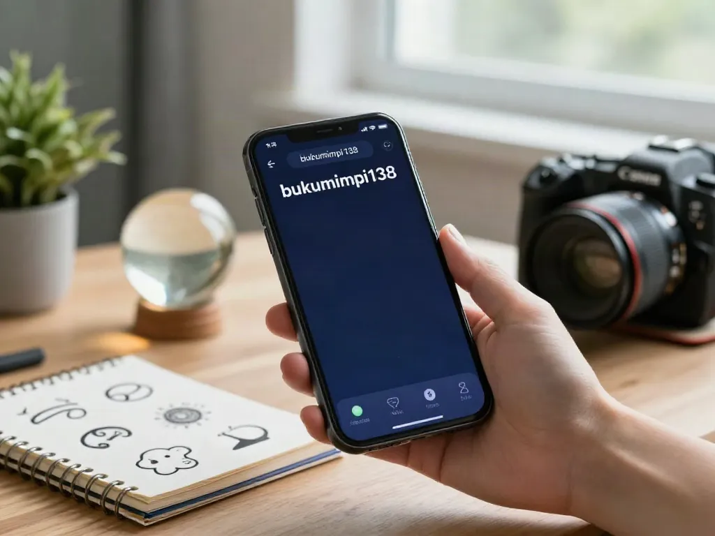 Pengguna smartphone menjelajahi aplikasi bukumimpi138 untuk interpretasi mimpi dengan catatan dan elemen mistis.