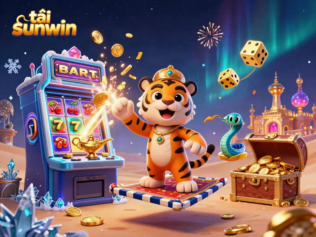 Experience exciting gaming action with tải sunwin and vibrant casino elements in a colorful 3D scene.
