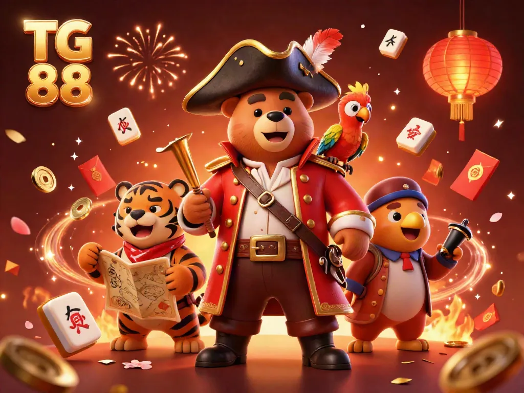 Engage with TG 88's vibrant casino adventure featuring a pirate bear and a tiger in a festive atmosphere.