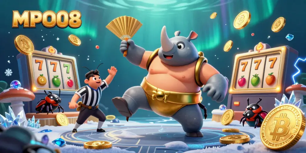 MPO08 showcases a dynamic gambling scene with a rhinoceros beetle champion, flying golden coins, and crypto elements.
