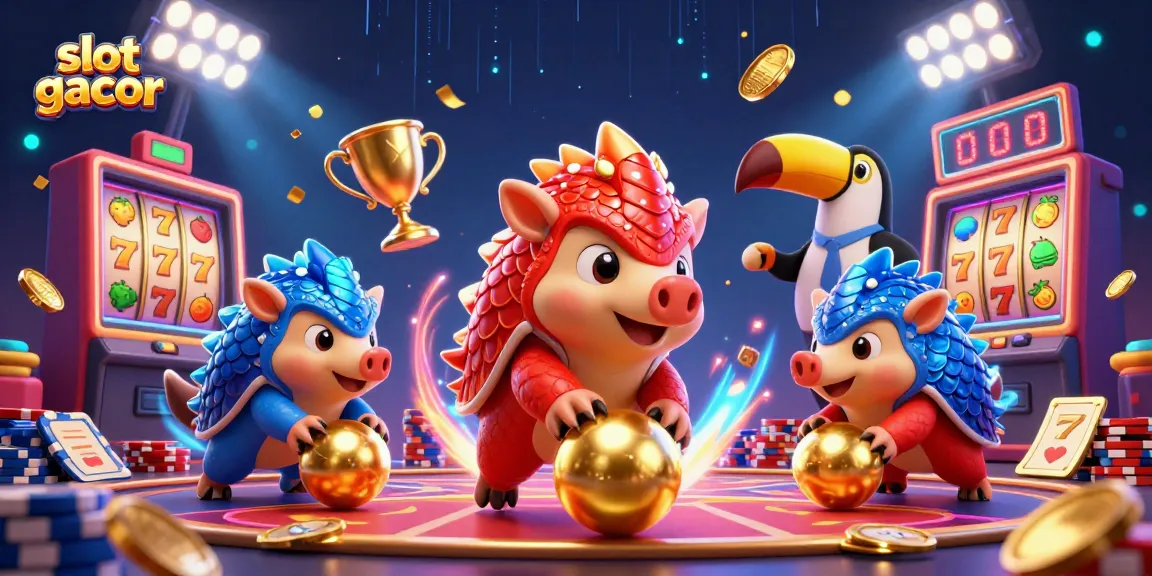 Slot gacor menampilkan pangolin bertanding di antara tumpukan chip poker dan gulungan slot emas.