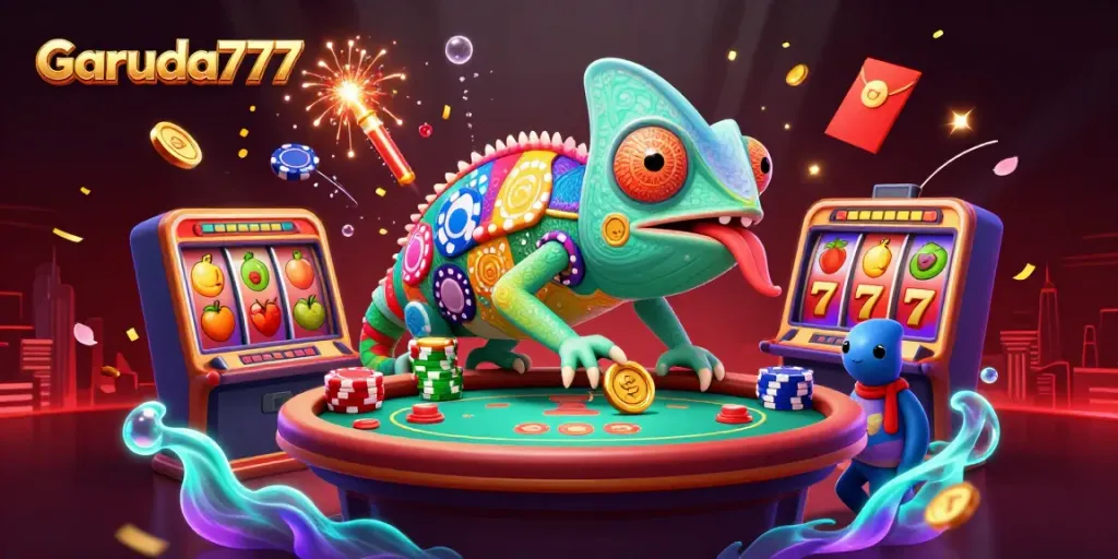 Garuda777 memamerkan slot jackpot yang megah dengan chameleon pemilik kasino menangkap koin emas.