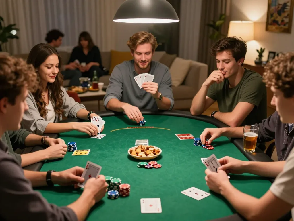 Teman-teman menikmati malam poker di rumah dengan strategi bertema hwg500, chip, dan kartu yang dipamerkan.