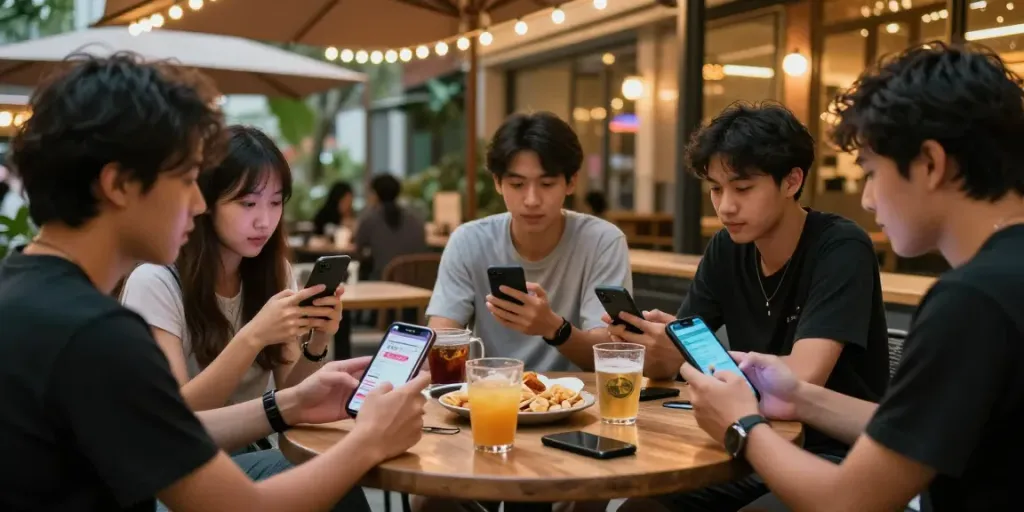 Diskusi santai tentang toto togell di kafe luar ruangan bersama teman-teman, menampilkan interaksi dan prediksi permainan.