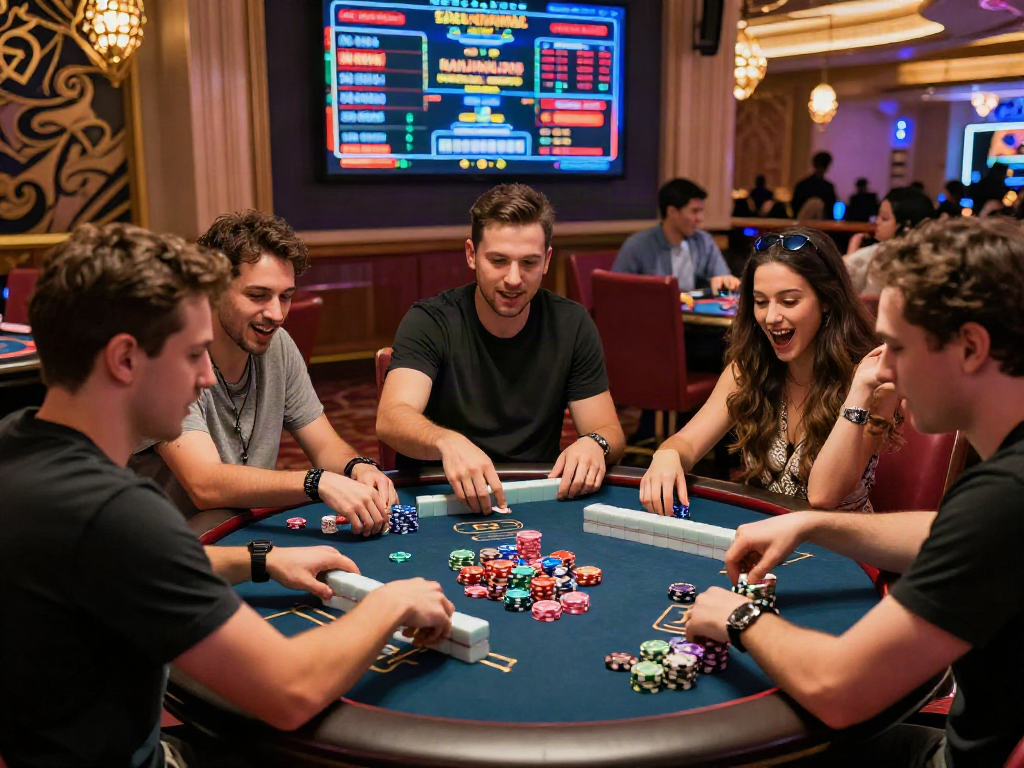 Excited players enjoying Slot MAHJONGJP88 at a vibrant casino table.