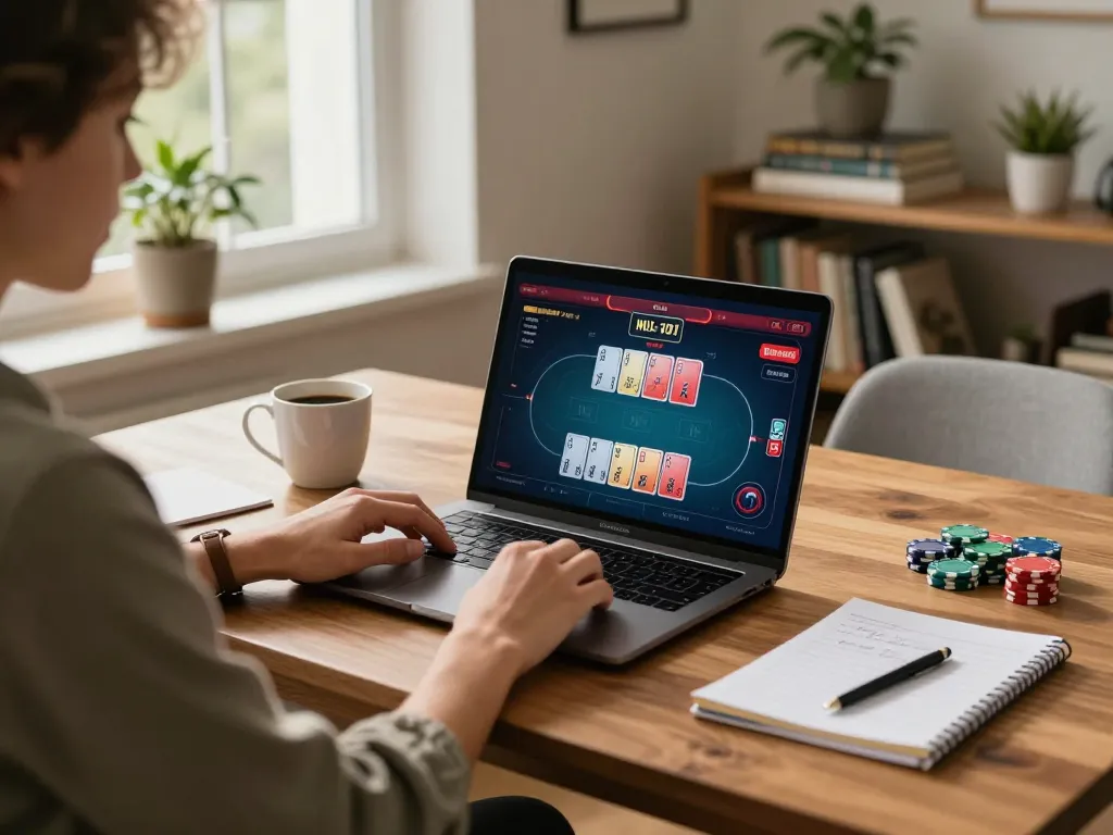 Engaging online poker game on a laptop showcasing VIN777 strategy in a cozy home setting.