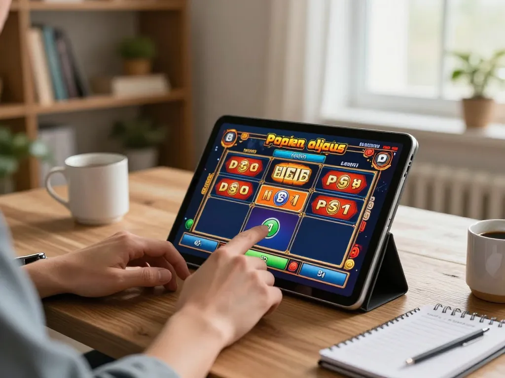 Engaged player spinning slots on tablet using oli4d in a cozy home setting with strategic notes