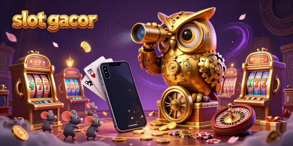 Slot gacor dengan karakter hantu jam emas, mesin slot, dan unsur kasino yang dinamis.