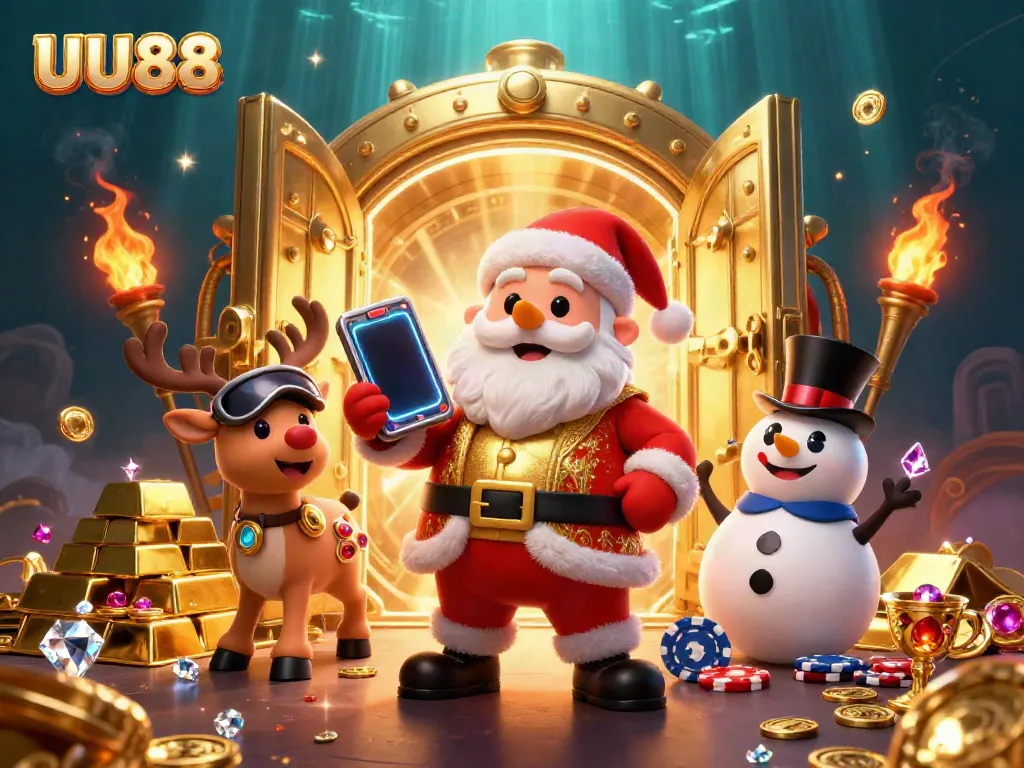 Experience thrilling gameplay at UU88 with Santa, a reindeer dealer, and a chip-top hat snowman.
