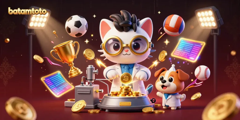 Engage in the lively batamtoto scene featuring an imaginative scientist and dog, amidst flying sportsballs and gold coins.