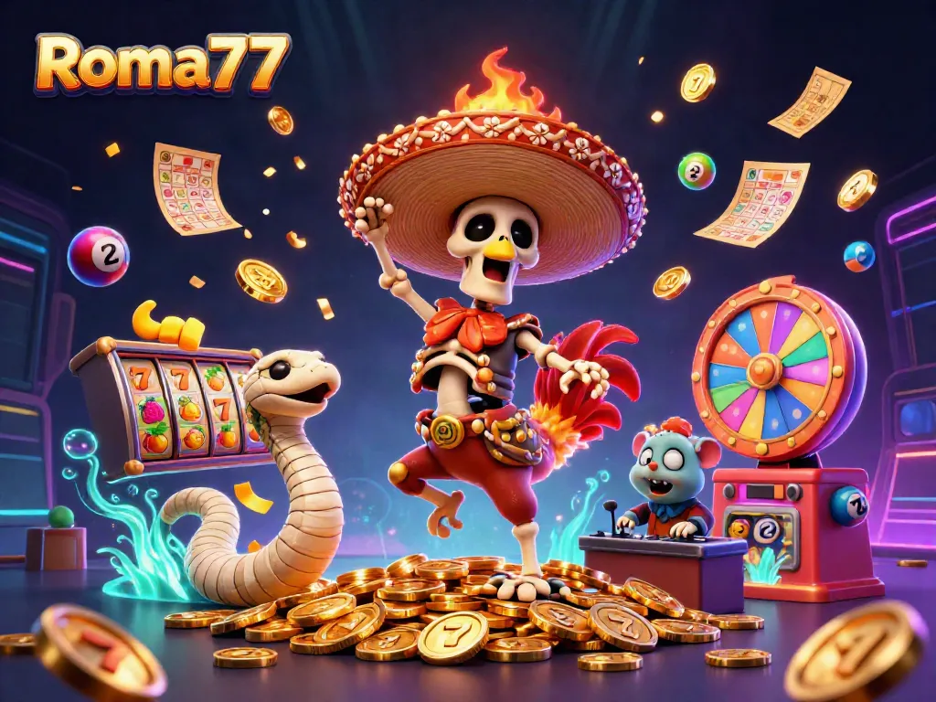 Experience vibrant action with Roma77 as a mariachi rooster dances on golden coins surrounded by dynamic casino elements.