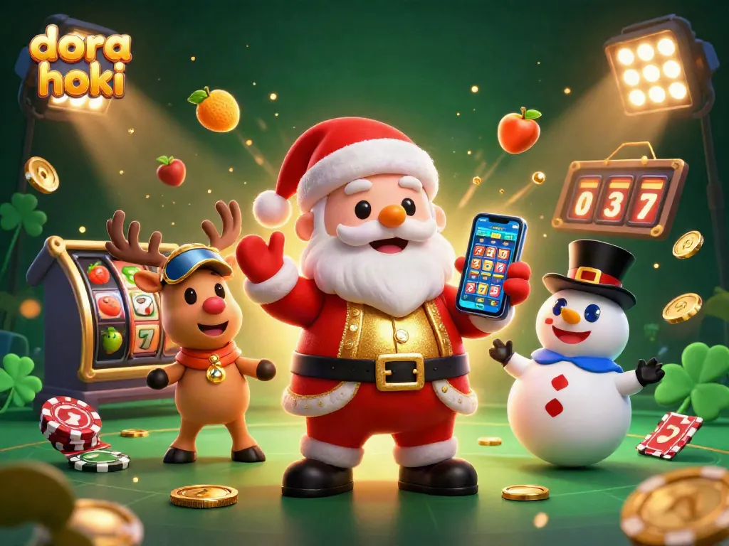 Dora Hoki menampilkan Santa Claus ceria dalam suasana kasino, memegang slot jackpot.