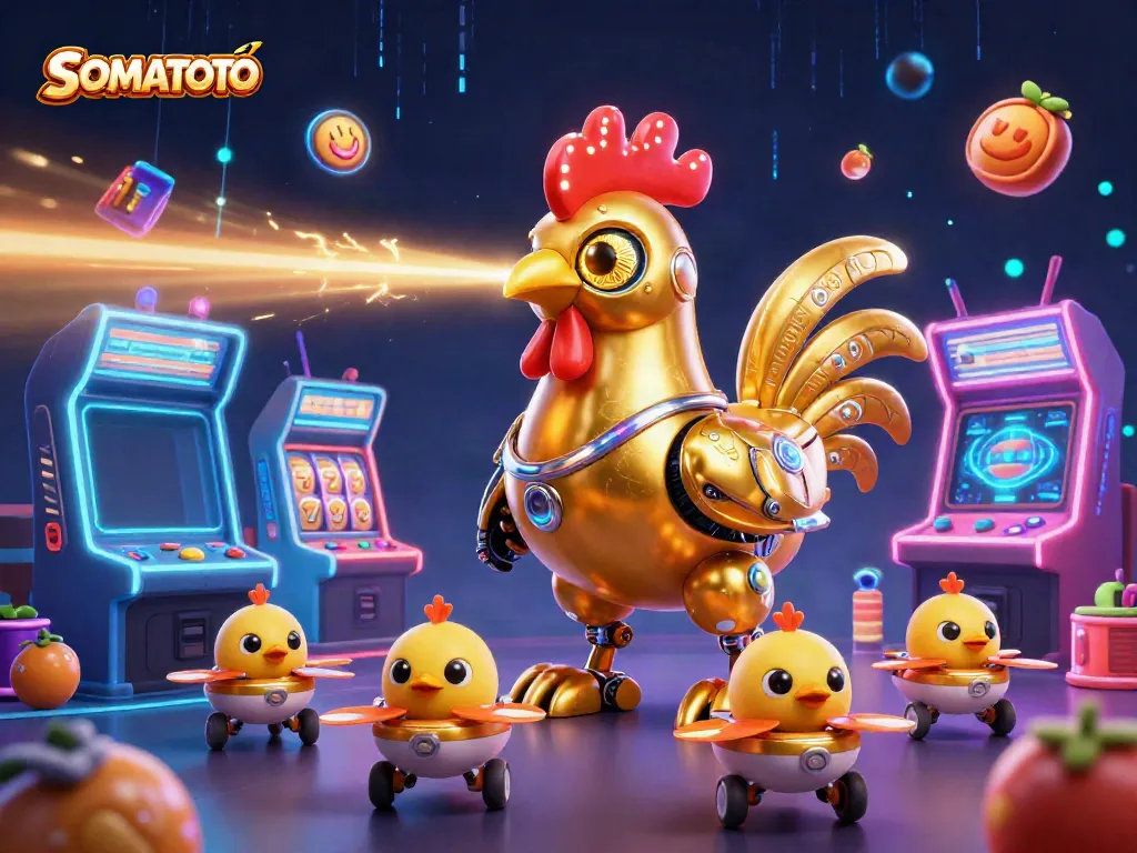 Engage in thrilling gaming action with SOMATOTO's vibrant 3D casino scene showcasing a retro-futuristic golden rooster robot.