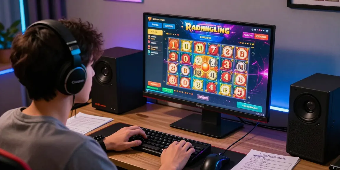 Pengguna terlibat dalam permainan togel online dengan layar rajatogel link yang menampilkan antarmuka interaktif, suasana penuh semangat di kantor rumah.