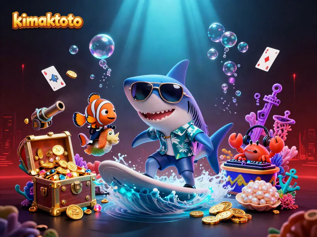 Experience excitement with the kimaktoto shark surfing on gold coins in this vibrant casino scene.