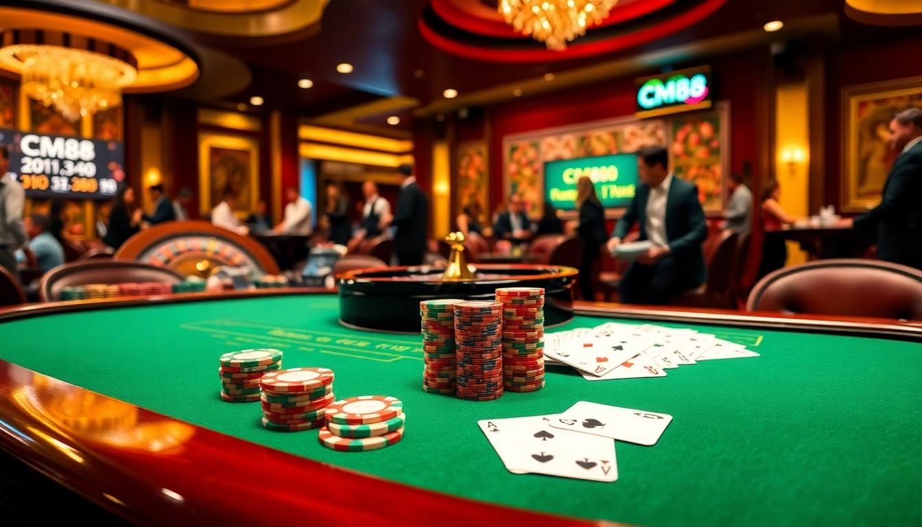 Experience high-stakes poker action at CM88 with vibrant chips and a spinning roulette wheel.